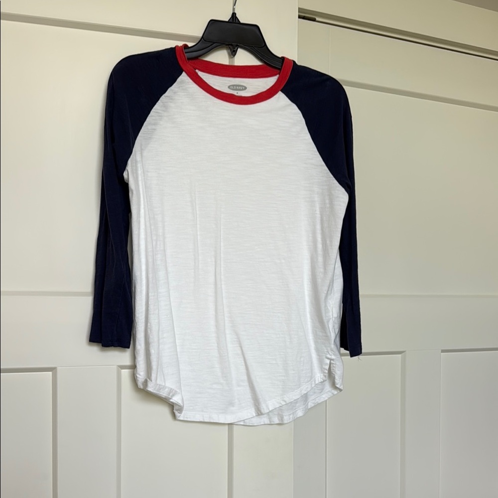 Old Navy White and Navy Long Sleeve Tee with Red Trim